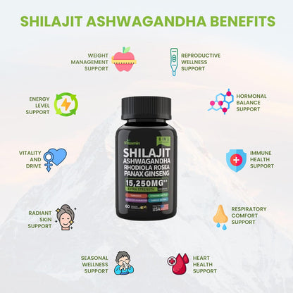Shilajit and Ashwagandha Capsules, 8-in-1 Herbal Multivitamin for Men and Women
