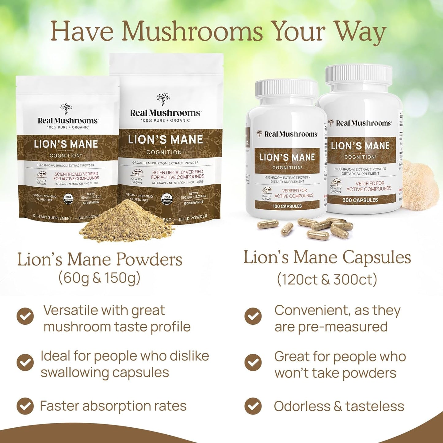 Real Mushrooms Lions Mane Supplement Capsules, Vegan Mushroom Supplements in 120 Capsules