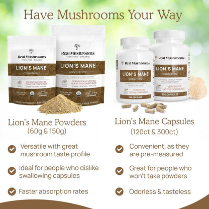 Real Mushrooms Lions Mane Supplement Capsules, Vegan Mushroom Supplements in 120 Capsules