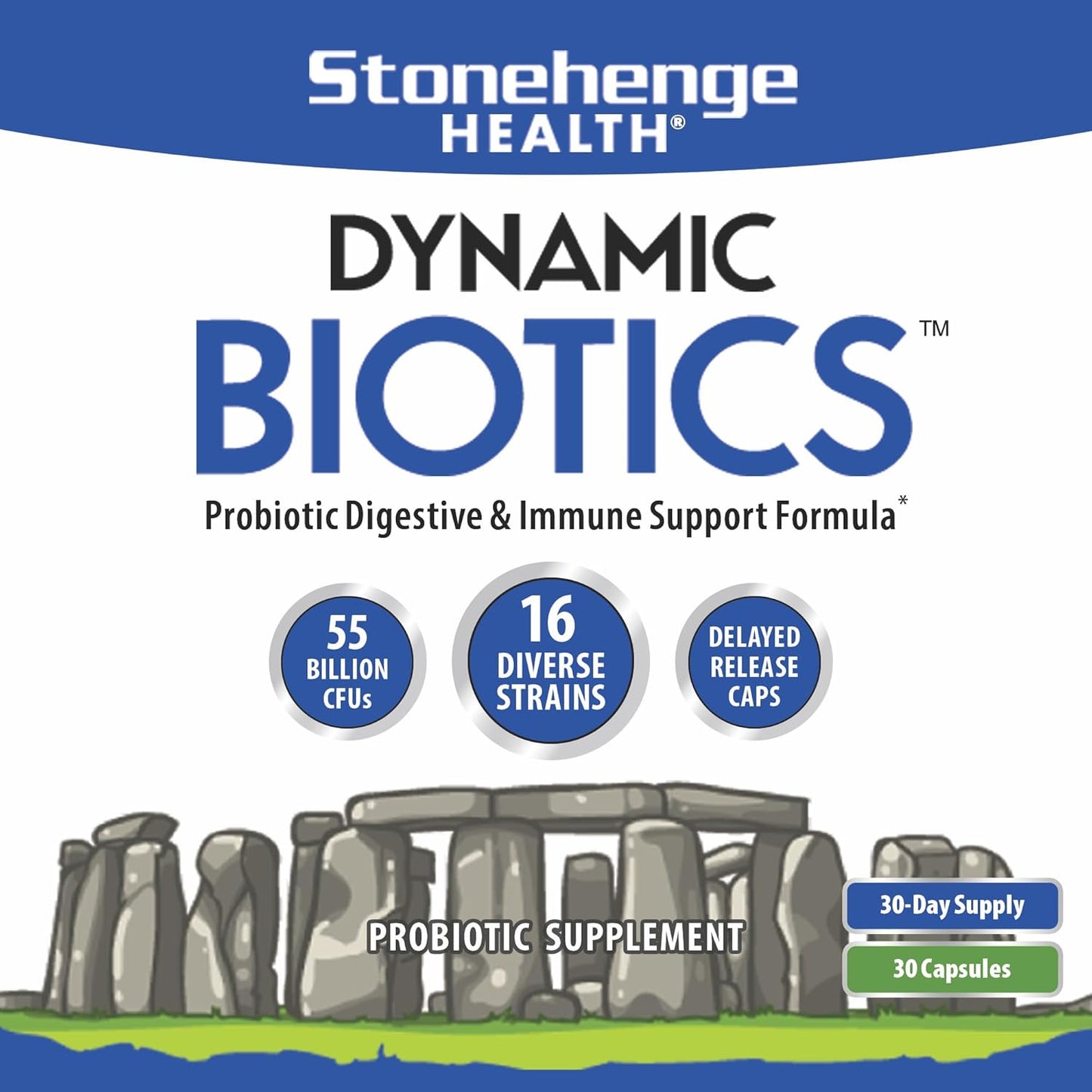 Stonehenge Health Probiotics 55 Billion CFU - 16 Strains, Prebiotic, Non-GMO Gluten Free Veggie Capsule 30 Count (Pack of 1)