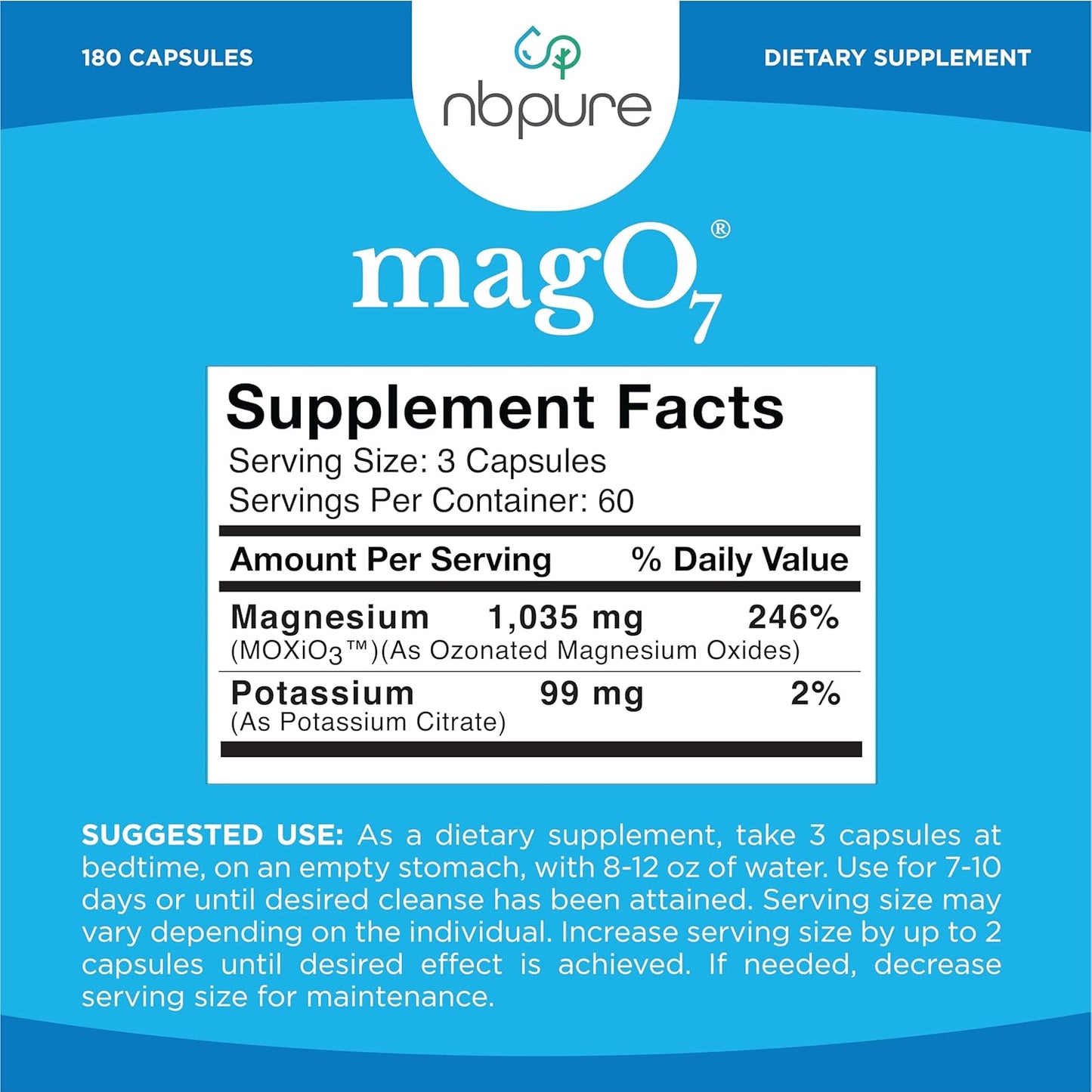 nbpure MagO7 - Natural Colon Cleanse & Detox for Men & Women - Ozonated Magnesium Oxide, 180 Capsules