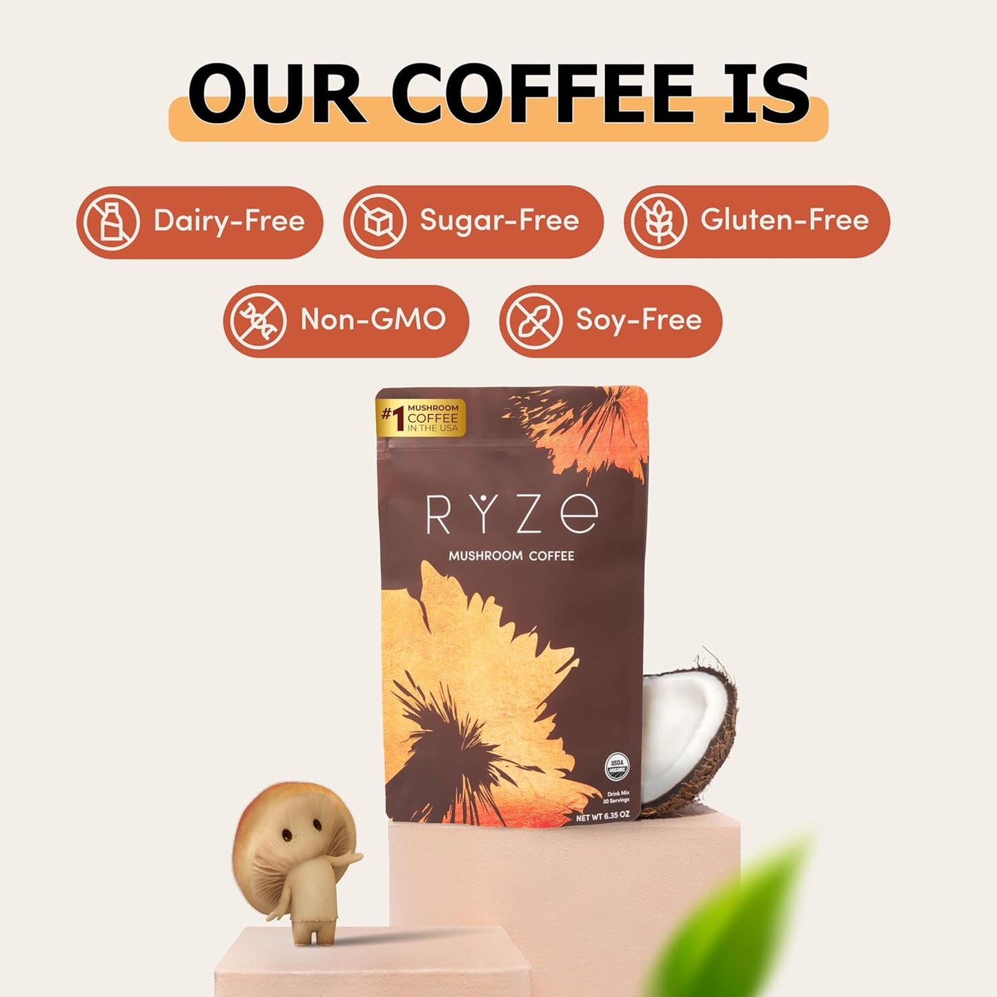RYZE SUPERFOODS Mushroom Coffee USDA Organic with 6 Adaptogenic Mushrooms and MCT Oil