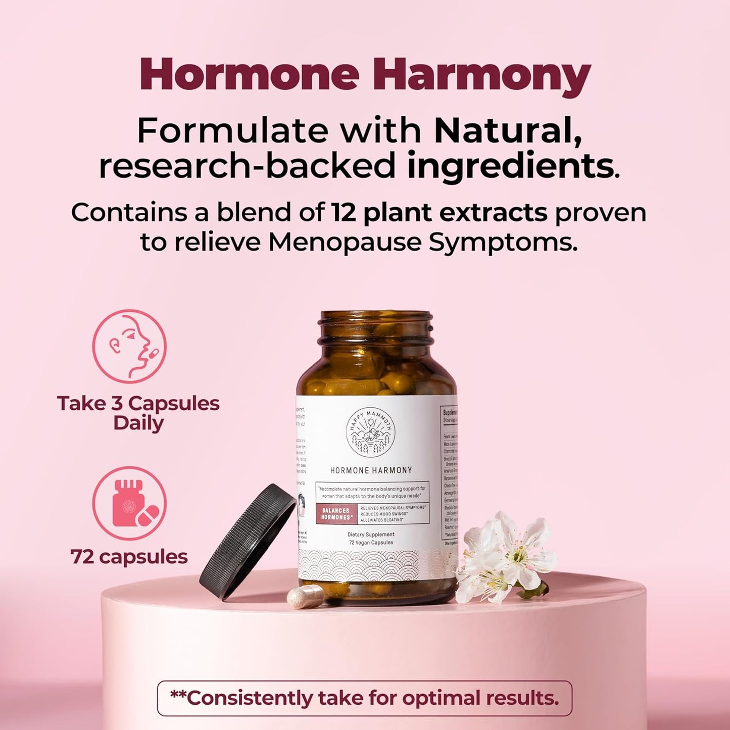 Happy Mammoth Hormone Harmony Natural Hormonal Support for Women, 72 Capsules.