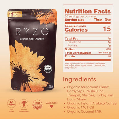 RYZE SUPERFOODS Mushroom Coffee USDA Organic with 6 Adaptogenic Mushrooms and MCT Oil