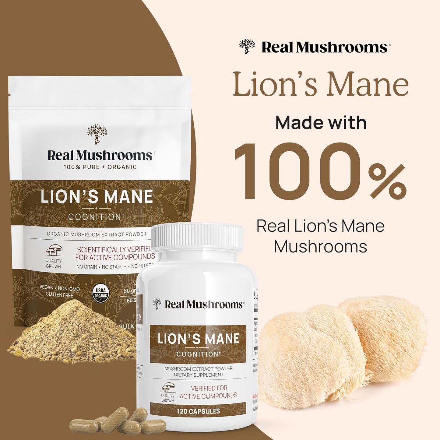 Real Mushrooms Lions Mane Supplement Capsules, Vegan Mushroom Supplements in 120 Capsules