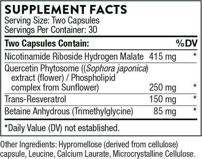 THORNE ResveraCel - Nicotinamide Riboside with Quercetin Phytosome and Resveratrol -  60 Capsules - 30 Servings