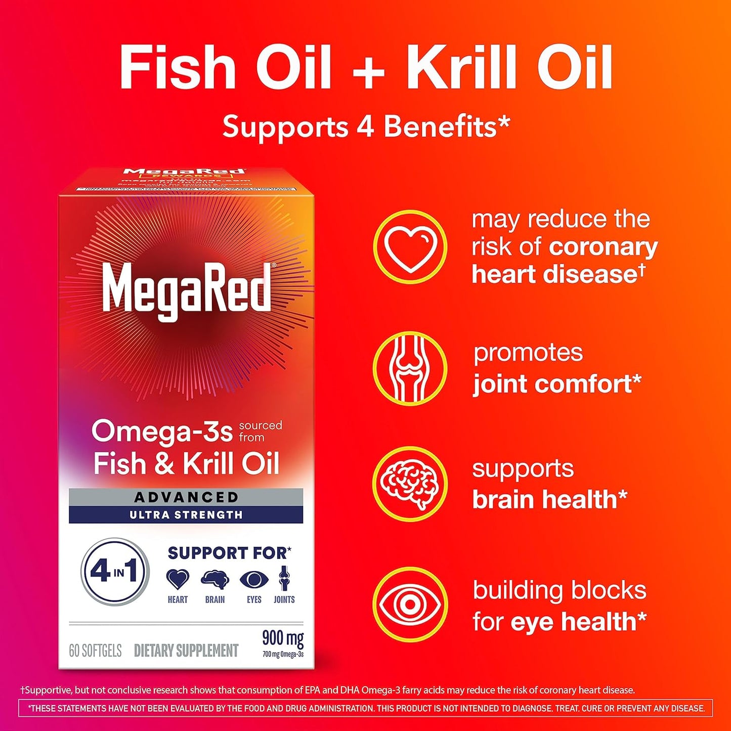 Megared Omega-3 Fish &amp; Krill Oil Supplement 900mg - Heart, Joint, Brain and Eye Supplement, Red, 60 Count