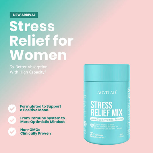 AOVITAO Stress Relief Mix Ashwagandha For Women Supplement With L-Theanine Magnesium, Stress Relief, Focus And Relaxation Support Anxiery Pill