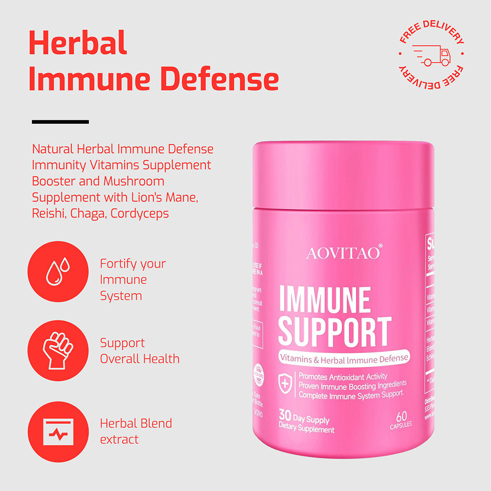 AOVITAO Natural Herbal Immune Defense Immunity Vitamins Supplement Booster And Mushroom Supplement With Lion's Mane, Reishi, Chaga, Cordyceps, Turkey Tail & More